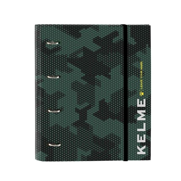 Safta Kelme Camo Carpeta con 4 Anillas 35mm - Tapas Duras Forradas - Recambio 100 Hojas - Cuadriculas 5x5mm - Cierre Elastico - Separadores Internos - 270x35x320mm - Color Verde Camuflaje
