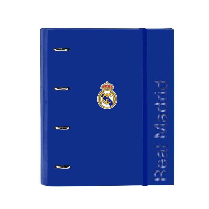 Safta Real Madrid Carpeta con 4 Anillas 35mm - Tapas Duras Forradas - Recambio 100 Hojas - Cuadriculas 5x5mm - Cierre Elastico - Incluye Separadores - 270x35x320mm - Color Azul