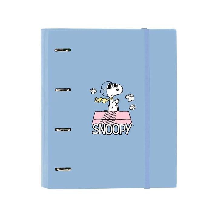 Safta Snoopy Carpeta con 4 Anillas 35mm - Tapas Duras Forradas - Recambio 100 Hojas - Cuadriculas 5x5mm - Cierre Elastico - Incluye Separadores - 270x35x320mm - Color Azul