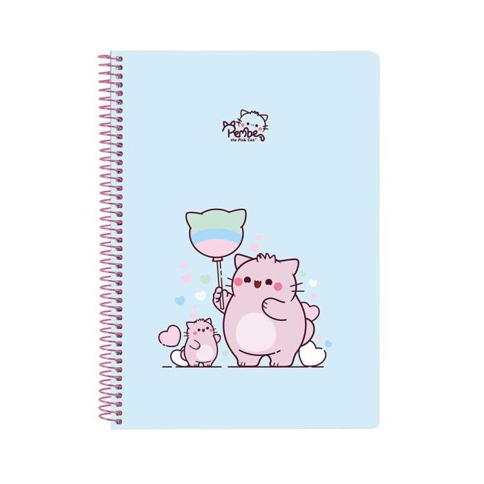Safta Pembe The Pink Cat Libreta con Espiral - Formato Cuarto - 80 Hojas de Papel 80g/m2 - Cuadriculas 4x4mm - Tapas Duras Glasofonadas - Margen Lateral - 155x10x220mm - Color Azul Claro