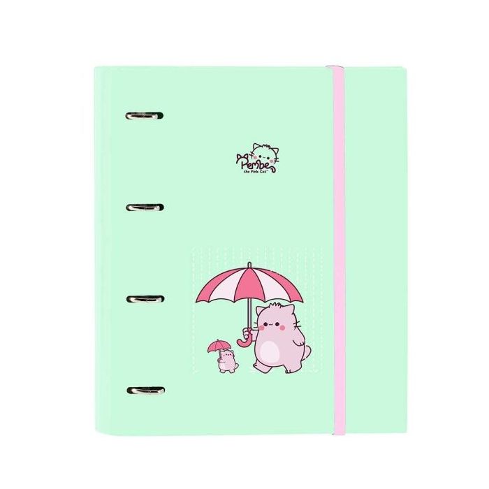Safta Pembe The Pink Cat Carpeta con 4 Anillas 35mm - Tapas Duras Forradas - Recambio 100 Hojas - Cierre Elastico - Incluye Separadores - 270x35x320mm - Color Menta