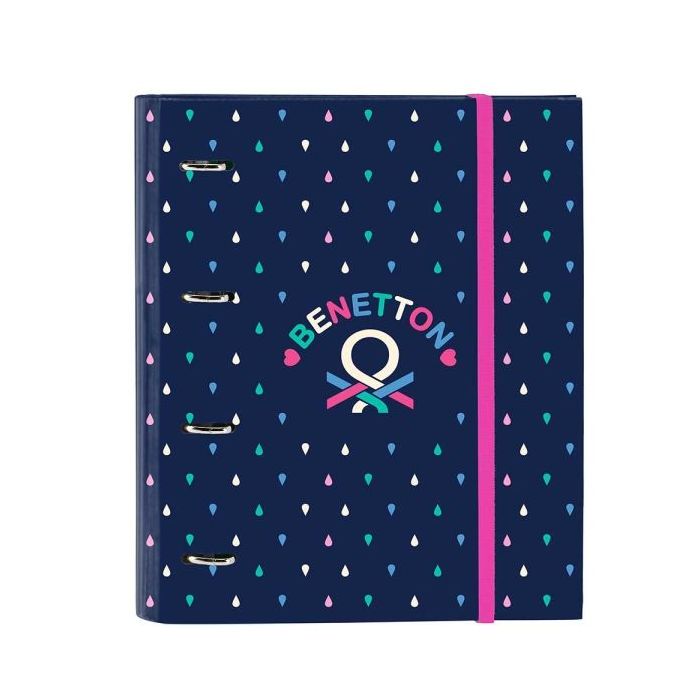 Safta Benetton Drop Carpeta con 4 Anillas 35mm - Tapas Duras Forradas - Recambio 100 Hojas - Cuadriculas 5x5mm - Cierre Elastico - Incluye Separadores - 270x35x320mm - Color Azul Oscuro
