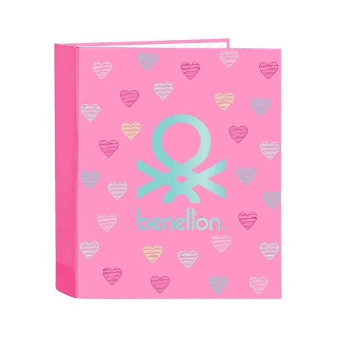 Safta Benetton Heart Carpeta con 4 Anillas 40mm - Tapas Duras Forradas - Formato Folio - 270x60x330mm - Color Rosa