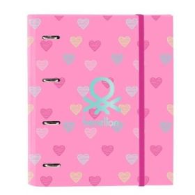 Safta Benetton Heart Carpeta con 4 Anillas 35mm - Tapas Duras Forradas - Recambio 100 Hojas - Cierre Elastico - Incluye Separadores - Cuadricula 5x5mm - 270x35x320mm - Color Rosa