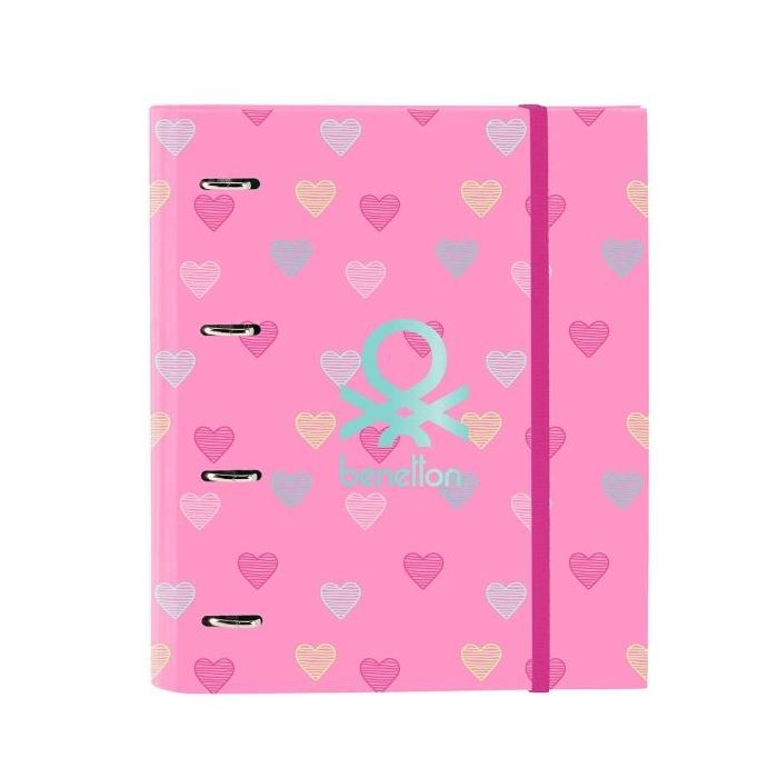 Safta Benetton Heart Carpeta con 4 Anillas 35mm - Tapas Duras Forradas - Recambio 100 Hojas - Cierre Elastico - Incluye Separadores - Cuadricula 5x5mm - 270x35x320mm - Color Rosa