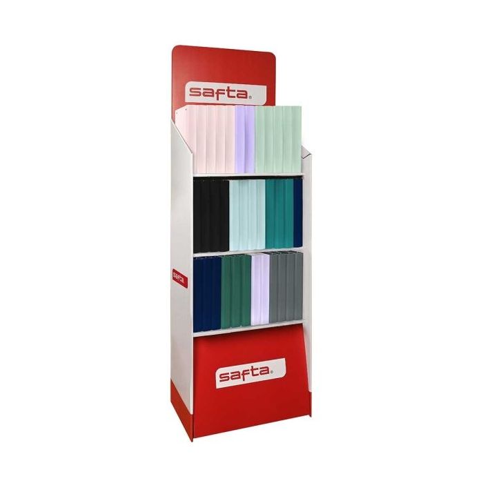 Safta Expositor con 36 Carpetas de 4 Anillas 35mm - Recambio 100 Hojas - 3 Estantes - Tapas de PP Foam - Cierre Elastico - Separadores Internos - Solapa Interior - Hojas de 90g/m2 - Colores Surtidos