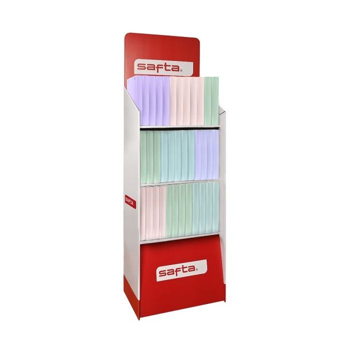 Safta Expositor con 36 Carpetas de Anillas - Material Reciclado - Incluye 100 Hojas - Hojas de 90g/m2 - Separadores - Solapa para Documentos - 3 Estantes - 400x380x1900mm - Colores Surtidos
