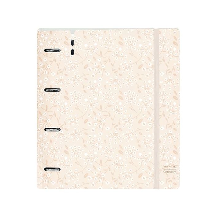 Safta Carpeta con 4 Anillas 35mm - Tapa de Plastico - Recambio 100 Hojas - Cierre Elastico - Incluye Separadores - Ranura para Boligrafo - Solapa Interior - 270x40x320mm - Color Beige