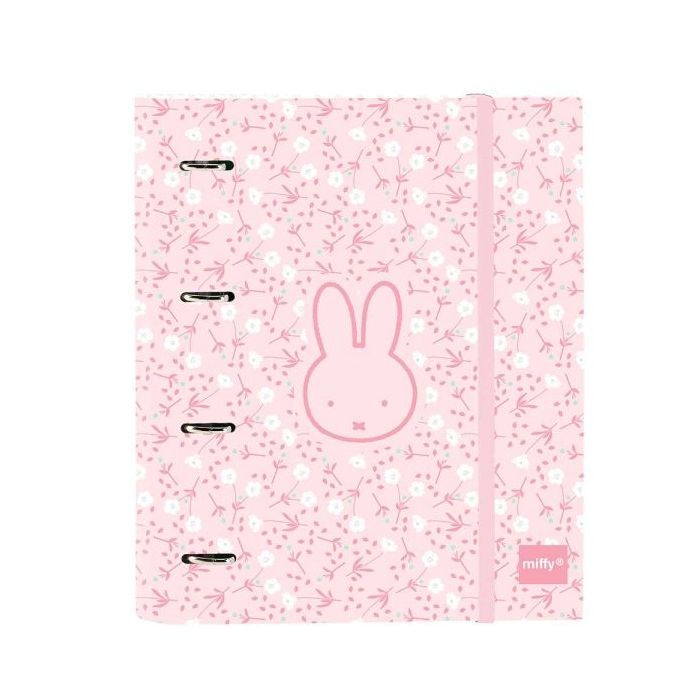 Safta Miffy Flores Carpeta con 4 Anillas 35mm - Tapas Duras Forradas - Recambio 100 Hojas - Cierre Elastico - Cuadricula 5x5mm - Gramaje de 80g/m2 - 270x35x320mm - Color Rosa