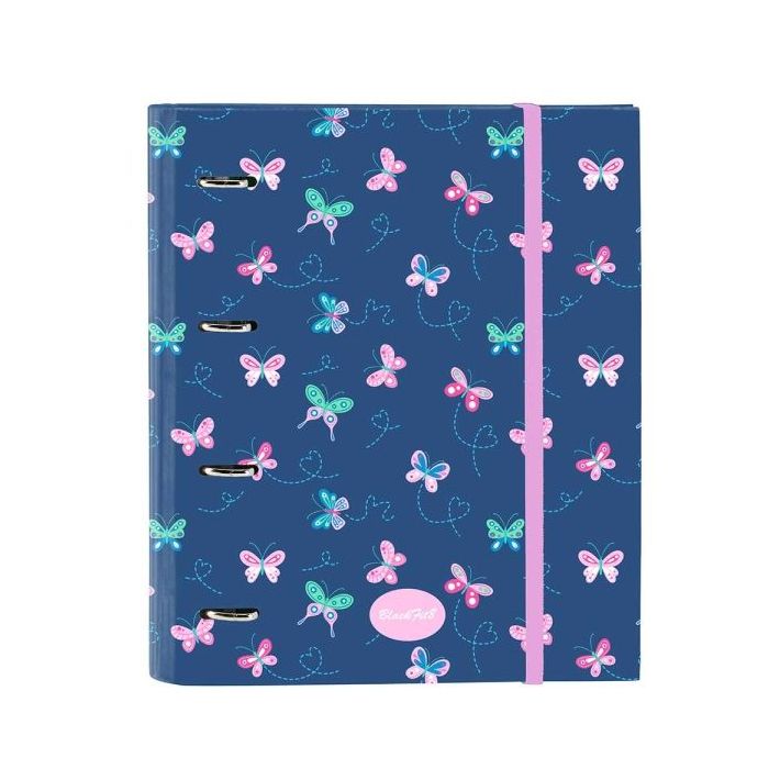 Safta Blackfit8 Mariposas Carpeta con 4 Anillas 35mm - Tapas Duras Forradas - Recambio 100 Hojas - Cuadriculas 5x5mm - Cierre Elastico - Separadores Internos - 270x35x320mm - Color Azul Marino