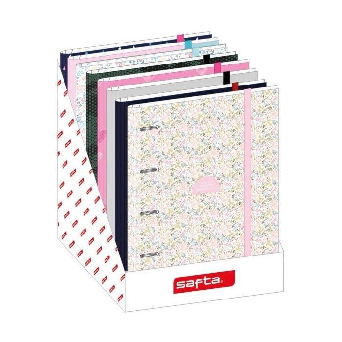 Safta Expositor con 8 Carpetas de 4 Anillas 35mm - Material Resistente - Incluye 100 Hojas por Carpeta - 290x340x340mm - Colores Surtidos