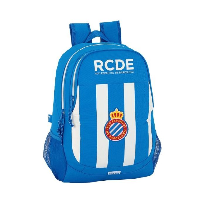 Safta RCD Espanyol Mochila Adaptable a Carro - Portabotellas - Dos Compartimentos Grandes - Doble Cremallera - Hombreras Ergonomicas - Asa de Mano - 23L - 320x160x440mm - Color Azul y Blanco