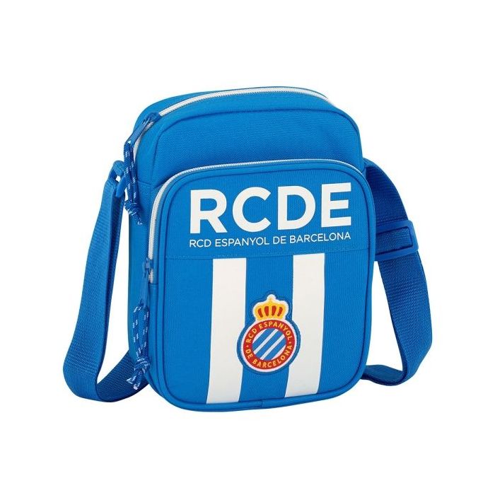 Safta RCD Espanyol Bandolera - Cremallera - Bolsillo Frontal - Bandolera Ajustable - Compartimento Trasero con Velcro - 2L - 160x60x220mm - Color Azul y Blanco