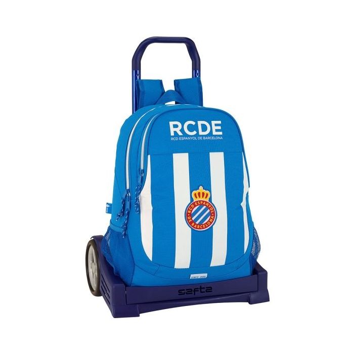 Safta RCD Espanyol Mochila con Carro - Portabotellas - Dos Compartimentos - Doble Cremallera - Hombreras y Espalda Acolchadas - Asa Superior - Mochila Extraible - 320x160x440mm - Color Azul y Blanco