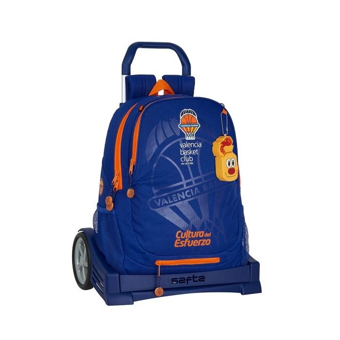 Safta Valencia Basket Mochila con Carro - Portabotellas - Dos Compartimentos - Tirador Doble - Hombreras y Espalda Acolchadas - Asa Superior - Mochila Extraible - 320x160x440mm - Color Azul Oscuro
