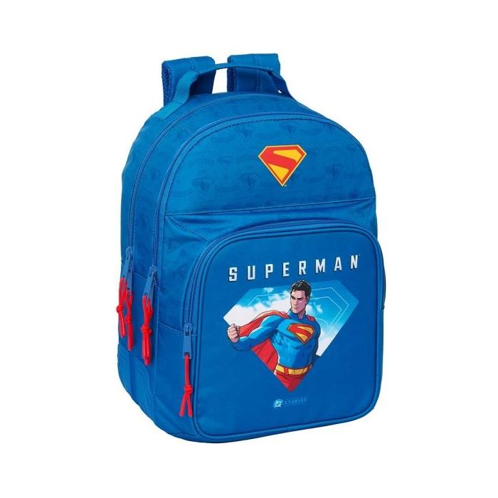 Safta Superman Mochila con 2 Compartimentos - Antirozaduras - Adaptable a Carro - Bolsillo Frontal - Portabotellas - Tirador Doble - Hombreras Ergonomicas - 320x150x420mm - Color Azul Oscuro