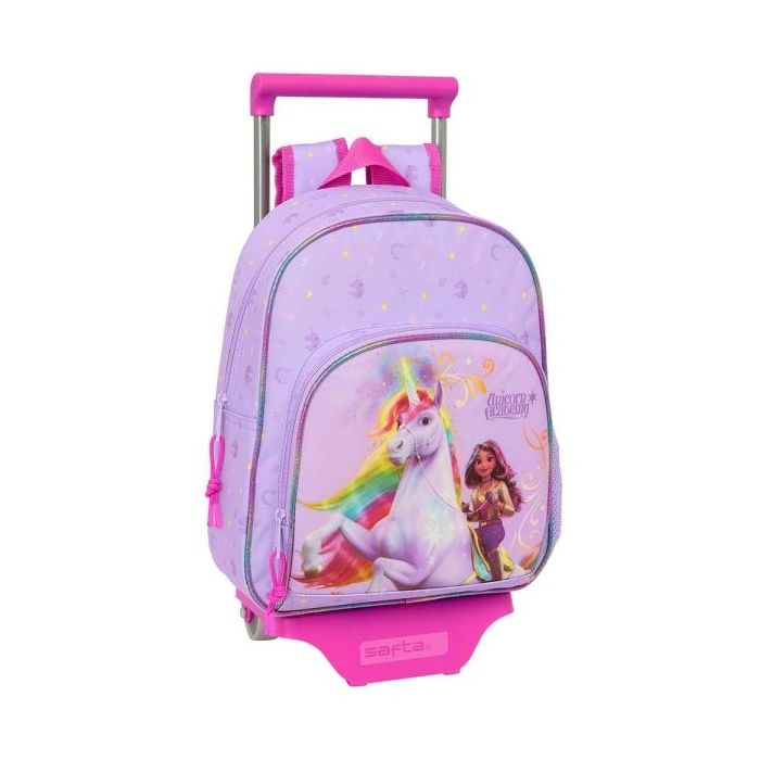Safta Unicorn Academy Mochila con Carro - Portabotellas - Hombreras Acolchadas - Bolsillo Frontal - Asa Superior - Mochila Extraible - Material Resistente - 28x10x67cm - Color Rosa