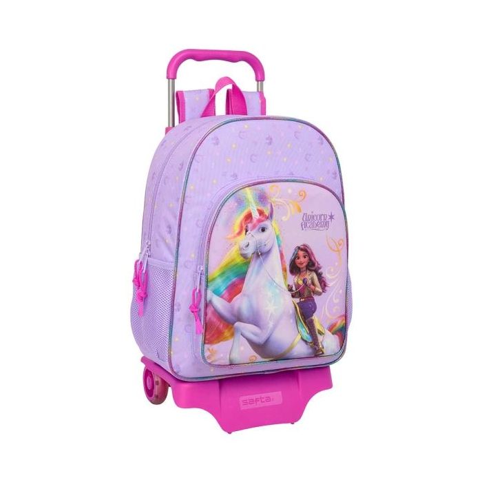 Safta Unicorn Academy Mochila con Carro - Portabotellas - Tirador Doble - Hombreras Ergonomicas - Mochila Extraible - Ruedas de Goma - 21L - 330x140x420mm - Color Rosa