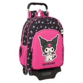 Safta Kuromi Mochila con Carro - Portabotellas - Doble Tirador - Ergonomia Acolchada - Mochila Extraible - Ruedas de Goma - 21L - 330x140x420mm - Color Negro y Rosa