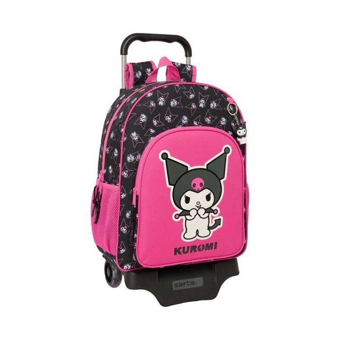 Safta Kuromi Mochila con Carro - Portabotellas - Doble Tirador - Ergonomia Acolchada - Mochila Extraible - Ruedas de Goma - 21L - 330x140x420mm - Color Negro y Rosa