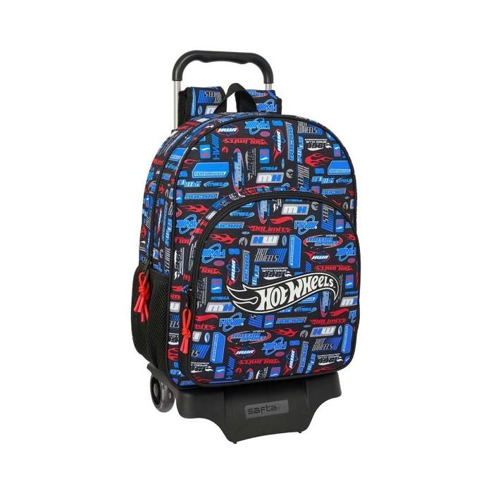 Safta Hot Wheels Mochila con Carro - Bolsillos Laterales - Tirador Doble - Bolsillo Frontal - Ergonomia Acolchada - Asa Superior - Mochila Extraible - Ruedas de Goma - 22.5L - 330x140x420mm - Color Azul