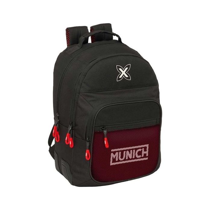 Safta Munich Vulcan Mochila con 2 Compartimentos - Cantoneras Antirozaduras - Adaptable a Carro - Portabotellas - Tirador Doble - Asa Forrada - 20L - 320x150x420mm - Color Negro y Rojo