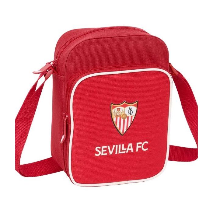 Safta Sevilla FC Bandolera - Cremallera - Bolsillo Frontal - Bandolera Ajustable - Resistente al Agua - 2L - Compartimento Trasero con Velcro - 160x60x220mm - Color Rojo