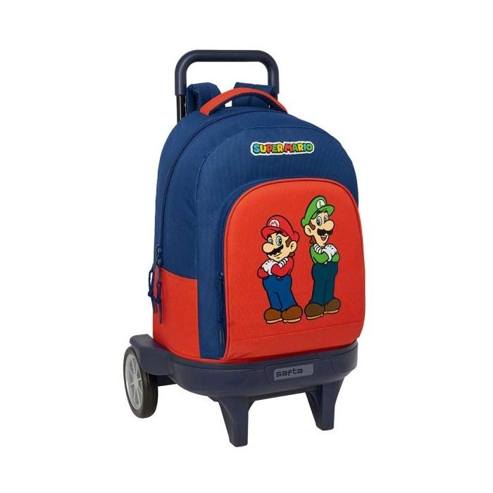 Safta Super Mario Mamma Mia Mochila con Carro - 33L - Ruedas Antivibracion - Bolsillo Frontal - PVC - Hombreras Acolchadas - Extraible - Portabotellas - 330x220x450mm - Color Rojo y Azul