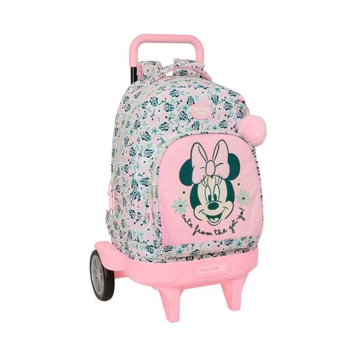 Safta Minnie Mouse Minty Mochila con Carro - Extraible - Bolsillo Frontal - Portabotellas - Tirador Doble - Hombreras Acolchadas - Tarjeta ID - Ruedas Antivibracion - 33x22x45cm - Color Rosa Pastel