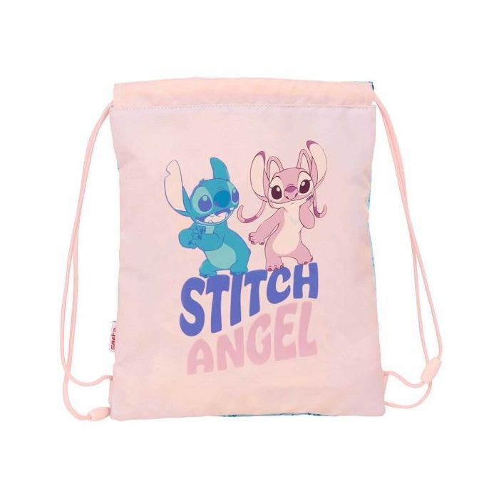 Safta Stitch Ohana Saco Plano - Bolsillo con Cremallera - Cierre con Cordones - 3L - 260x10x340mm - Color Rosa Pastel