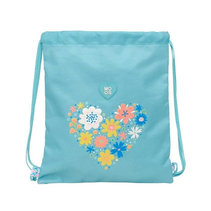 Safta Moos Fiori Saco Plano - Bolsillo con Cremallera - Cierre con Cordones - Material Reciclable - 5L - 350x10x400mm - Color Azul Claro
