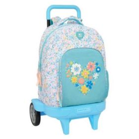 Safta Moos Fiori Mochila con Carro - Ruedas Antivibracion Ultrasilenciosas - Bolsillo Frontal - Portabotellas - Hombreras Acolchadas - Tarjeta ID - 330x220x450mm - Color Azul Claro