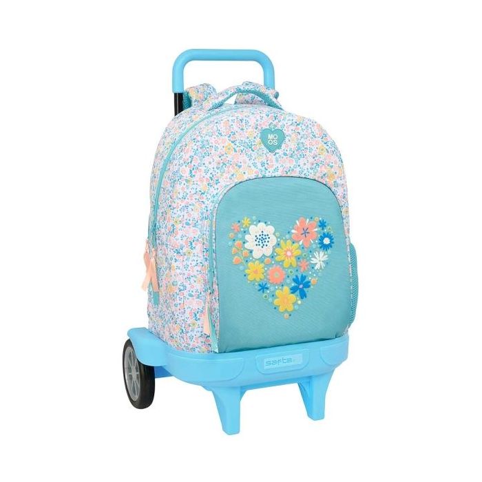Safta Moos Fiori Mochila con Carro - Ruedas Antivibracion Ultrasilenciosas - Bolsillo Frontal - Portabotellas - Hombreras Acolchadas - Tarjeta ID - 330x220x450mm - Color Azul Claro