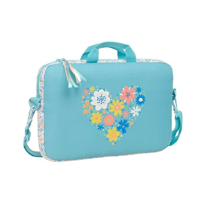 Safta Moos Fiori Maletin para Portatil hasta 15.6" - Interior Acolchado - Material Reciclado - Bandolera Ajustable - Asas de Mano - Tirador Doble - 4L - 400x40x270mm - Color Azul Claro