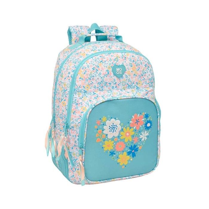 Safta Moos Fiori Mochila con 2 Compartimentos - Antirozaduras - Adaptable a Carro - Portabotellas - Tirador Doble - Material Reciclable - 20L - 320x150x420mm - Color Azul Claro