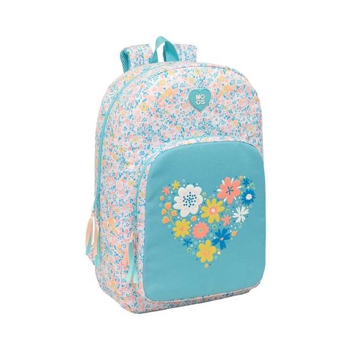 Safta Moos Fiori Mochila Adaptable a Carro - Tirador Doble - Bolsillo Frontal - Hombreras Ergonomicas - Material Reciclado - 19.30L - 300x140x460mm - Color Azul Claro
