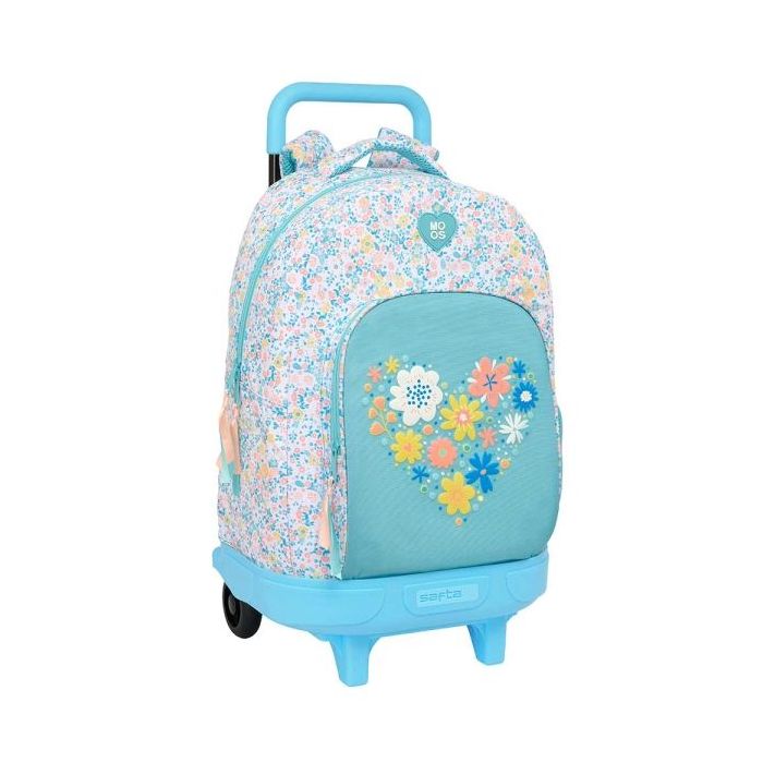 Safta Moos Fiori Mochila con Carro - Extraible - Bolsillo Lateral - Tirador Doble - Hombreras Acolchadas - Tarjeta ID - Base Reforzada - Frenos en Asa - 33 L - 330x220x450mm - Color Azul Claro
