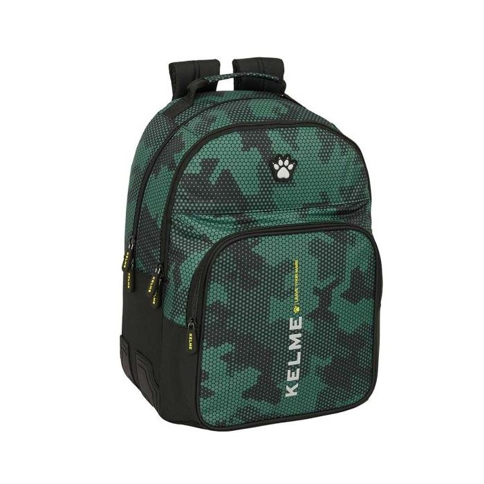 Safta Kelme Camo Mochila con 2 Compartimentos - Antirozaduras - Adaptable a Carro - Portabotellas - Tirador Doble - Hombreras Acolchadas - 20L - 320x150x420mm - Color Verde Camuflaje