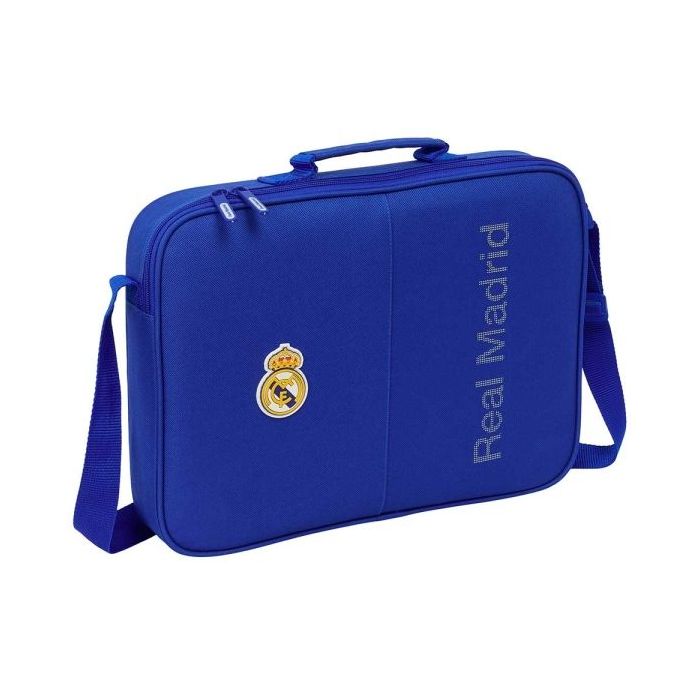Safta Real Madrid Maletin con Cremallera - Bandolera Ajustable - Asa Forrada - Doble Tirador - Fondo Semirigido - 6L - 380x60x280mm - Color Azul
