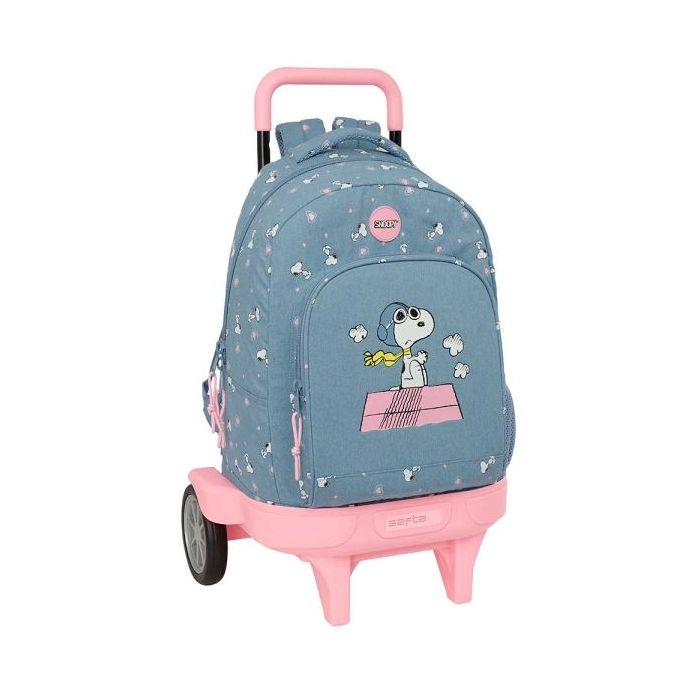 Safta Snoopy Mochila con Carro - Bolsillo Frontal - Portabotellas - Tirador Doble - Hombreras Acolchadas - Asa Acolchada - Tarjeta ID - Ruedas Antivibracion 9cm - 33L - 330x220x450mm - Color Azul