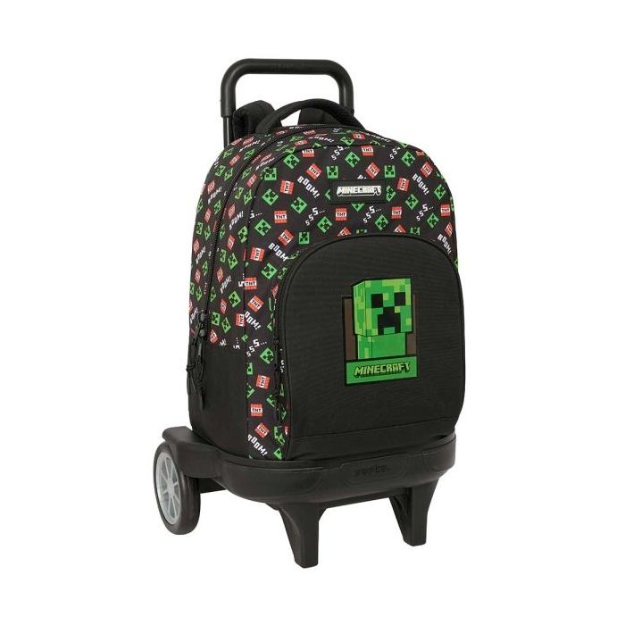 Safta Minecraft Mochila con Carro - Extraible - Bolsillo Frontal - Ruedas Antivibracion - Asa Acolchada Superior - Carro de Polipropileno - Base Reforzada - 33L - 330x220x450mm - Color Negro