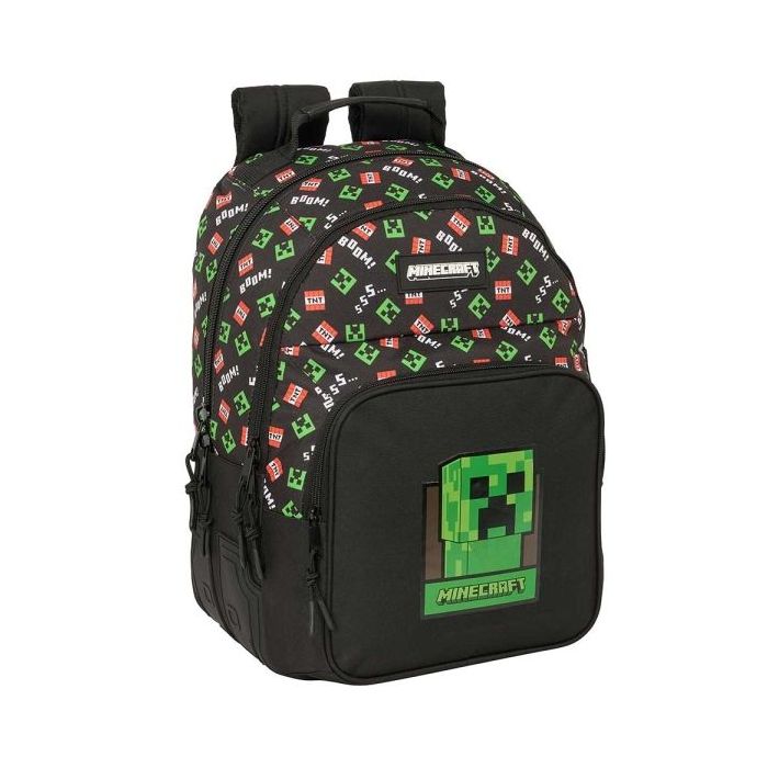 Safta Minecraft Mochila con 2 Compartimentos - Antirozaduras - Adaptable a Carro - Bolsillo Frontal - Portabotellas - Tirador Doble - Hombreras Ergonomicas - 20L - 320x150x420mm - Color Negro