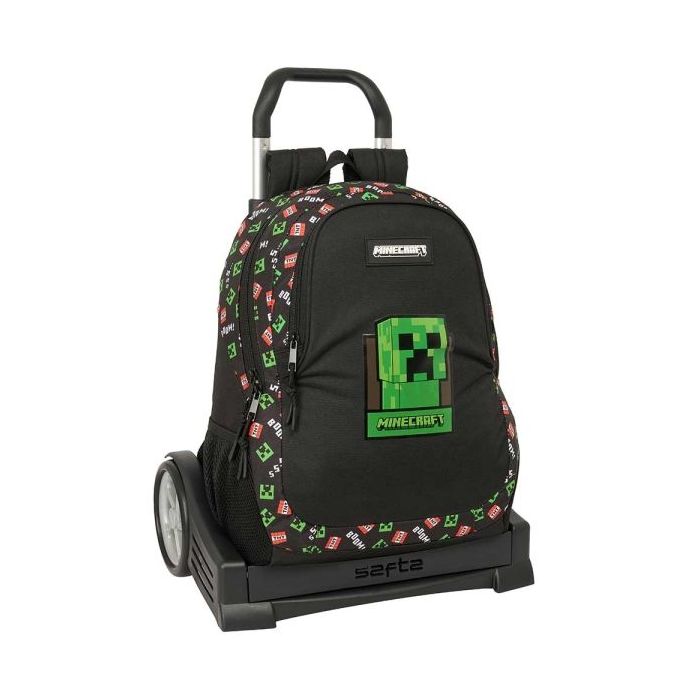 Safta Minecraft Mochila con Carro - Portabotellas - Dos Compartimentos Grandes - Tirador Doble - Hombreras y Espalda Acolchadas - Asa de Mano - Mochila Extraible - 22.5L - 320x160x440mm - Color Negro