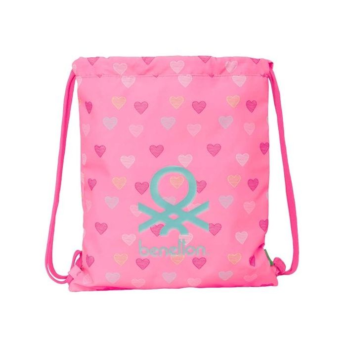 Safta Benetton Heart Saco Plano - Bolsillo con Cremallera - Cierre con Cordones - 5L - Ligero y Portatil - 350x10x400mm - Color Rosa