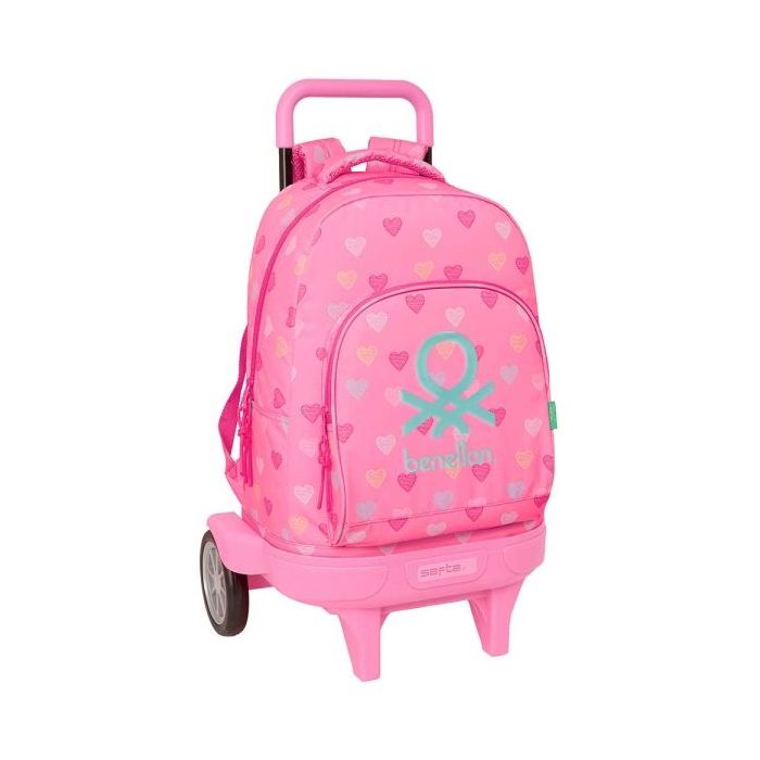 Safta Benetton Heart Mochila con Carro - Bolsillo Frontal - Portabotellas - Hombreras Acolchadas - Asa Acolchada - Tarjeta ID - Ruedas Antivibracion - Base Reforzada - 33L - 330x220x450mm - Color Rosa