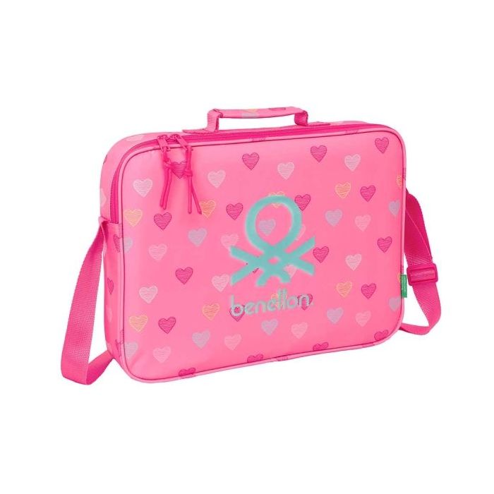 Safta Benetton Heart Maletin con Cremallera - Bandolera Ajustable - Asa Forrada - Doble Tirador en Cremallera - Fondo Interior Semirigido - 6L - 380x60x280mm - Color Rosa