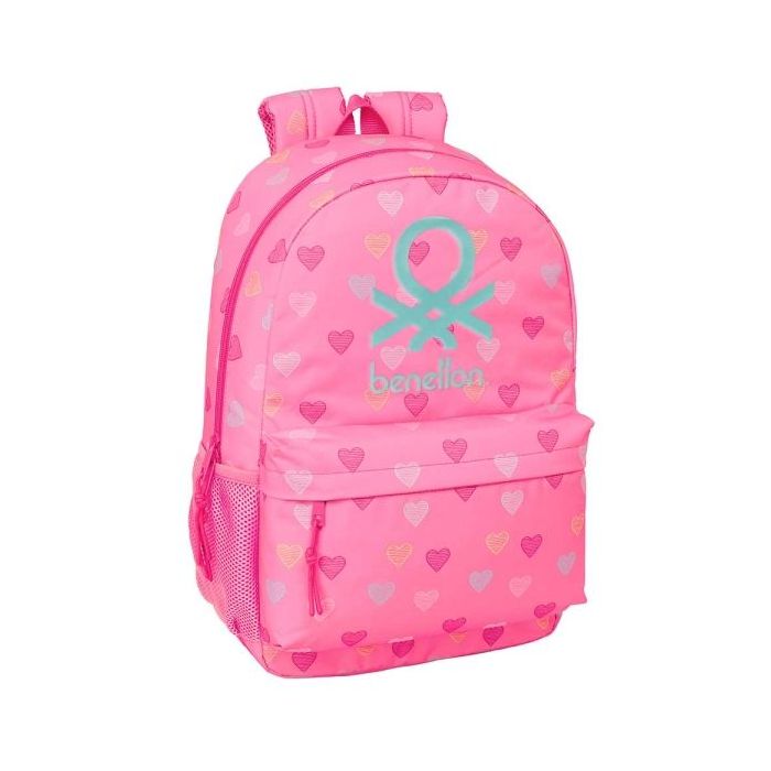 Safta Benetton Heart Mochila Adaptable a Carro - Bolsillos Laterales - Tirador Doble - Bolsillo Frontal - Hombreras Ergonomicas - Espalda Acolchada - Asa Superior - 300x140x460mm - Color Rosa