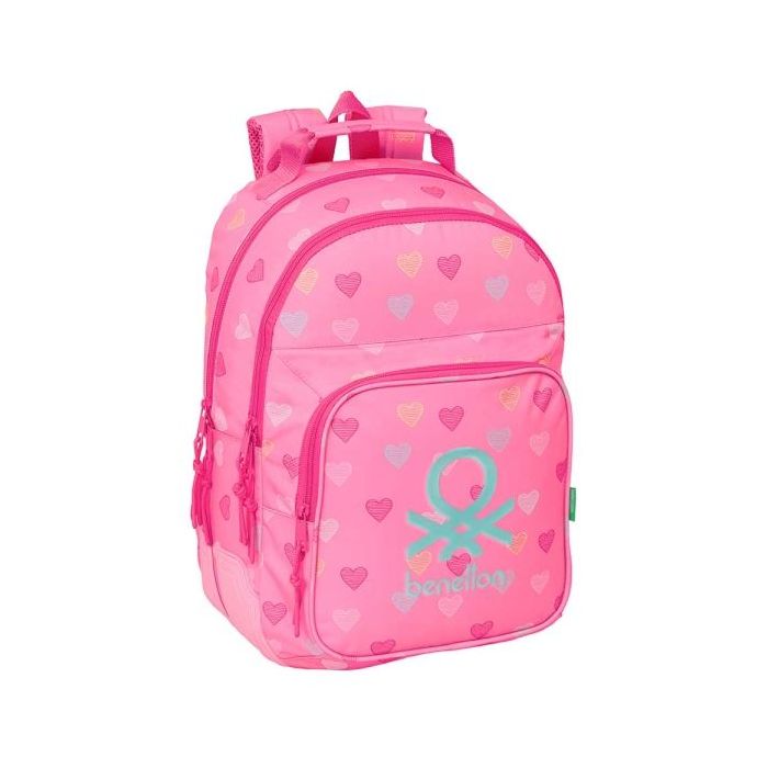 Safta Benetton Heart Mochila con 2 Compartimentos - Antirozaduras - Adaptable a Carro - Bolsillo Frontal - Portabotellas - Tirador Doble - Hombreras Ergonomicas - 20L - 320x150x420mm - Color Rosa