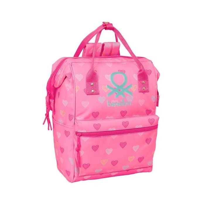 Safta Benetton Heart Mochila para Portatil hasta 13" - Interior Acolchado - Bolsillo con Cremallera - Asas Superiores - Hombreras Ergonomicas - Doble Tirador - 270x190x400mm - Color Rosa