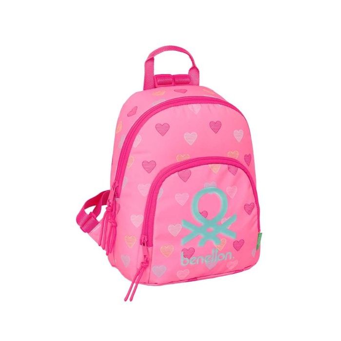 Safta Benetton Heart Mini Mochila - Bolsillo Frontal - Cremallera Doble - Bolsillo Interior Seguro - Bolsillo Trasero - Hombreras Ajustables - Asa Superior - 9.75L - 250x130x300mm - Color Rosa